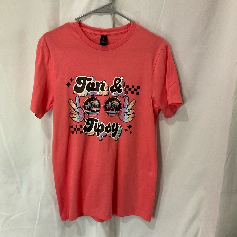 Tan & Tipsy, Women’s or Men’s T-Shirt, Coral, Size SMALL